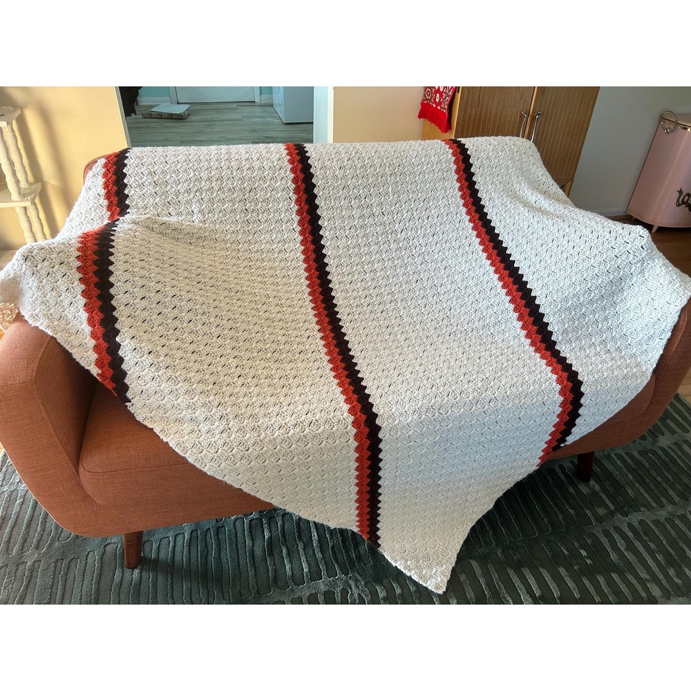 Vtg‎ 70s Ivory Retro Stripe Beige Afghan 65"x73" Large Throw Blanket Crochet